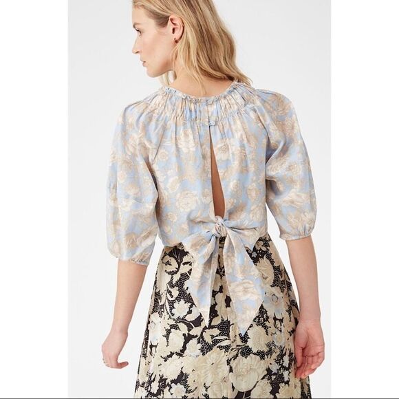 Rebecca Taylor Tops - New Rebecca Taylor Blue Sky‎ Satin Leaf Floral Open Back Top Size 8